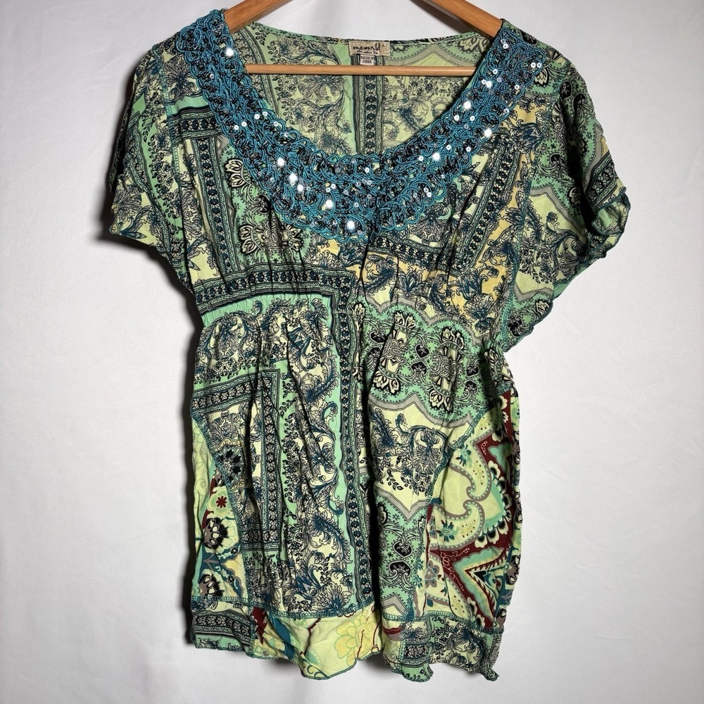 One World Top Womens Large Boho Tunic Sequins Flowy Artsy Fairy Babydoll Empire